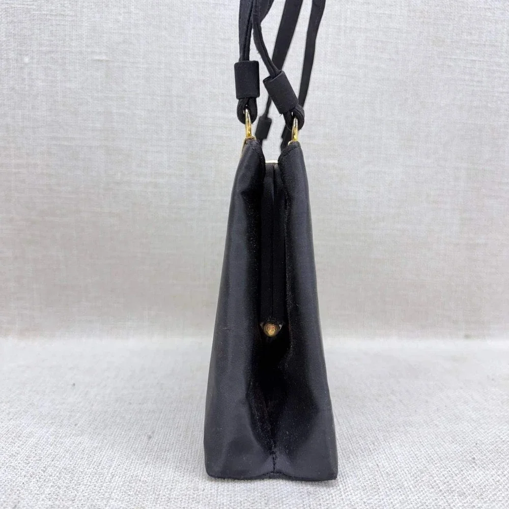 Miss Lewis Vintage Black Satin Evening Bag Gold Kiss Lock Triple Compartment